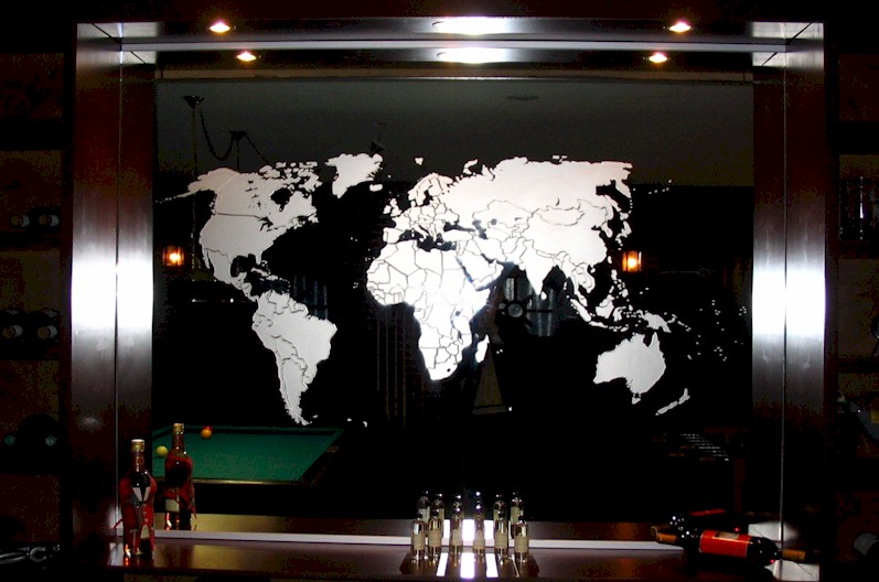 Sandblasted image of world map on mirror