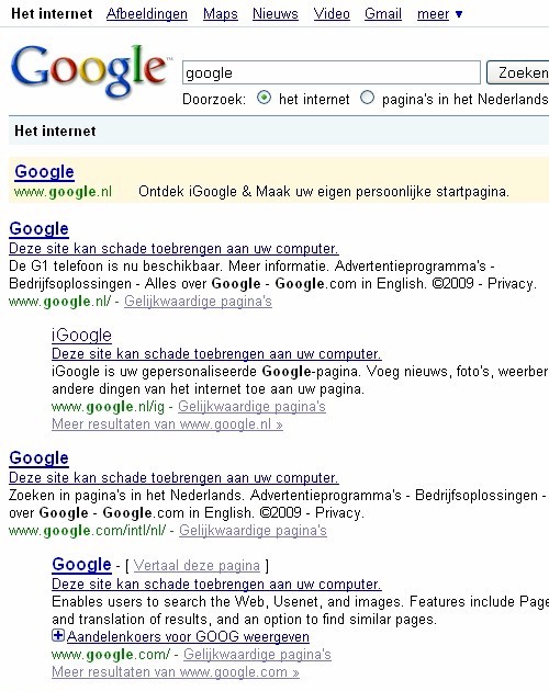 Google bevat volgens haar eigen resultaten 'malware'