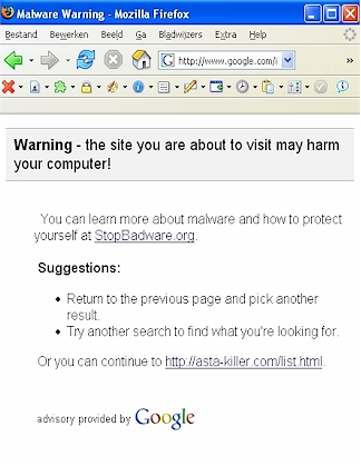 Malware waarschuwing in Google bij het activeren van een verdacht zoekresultaat